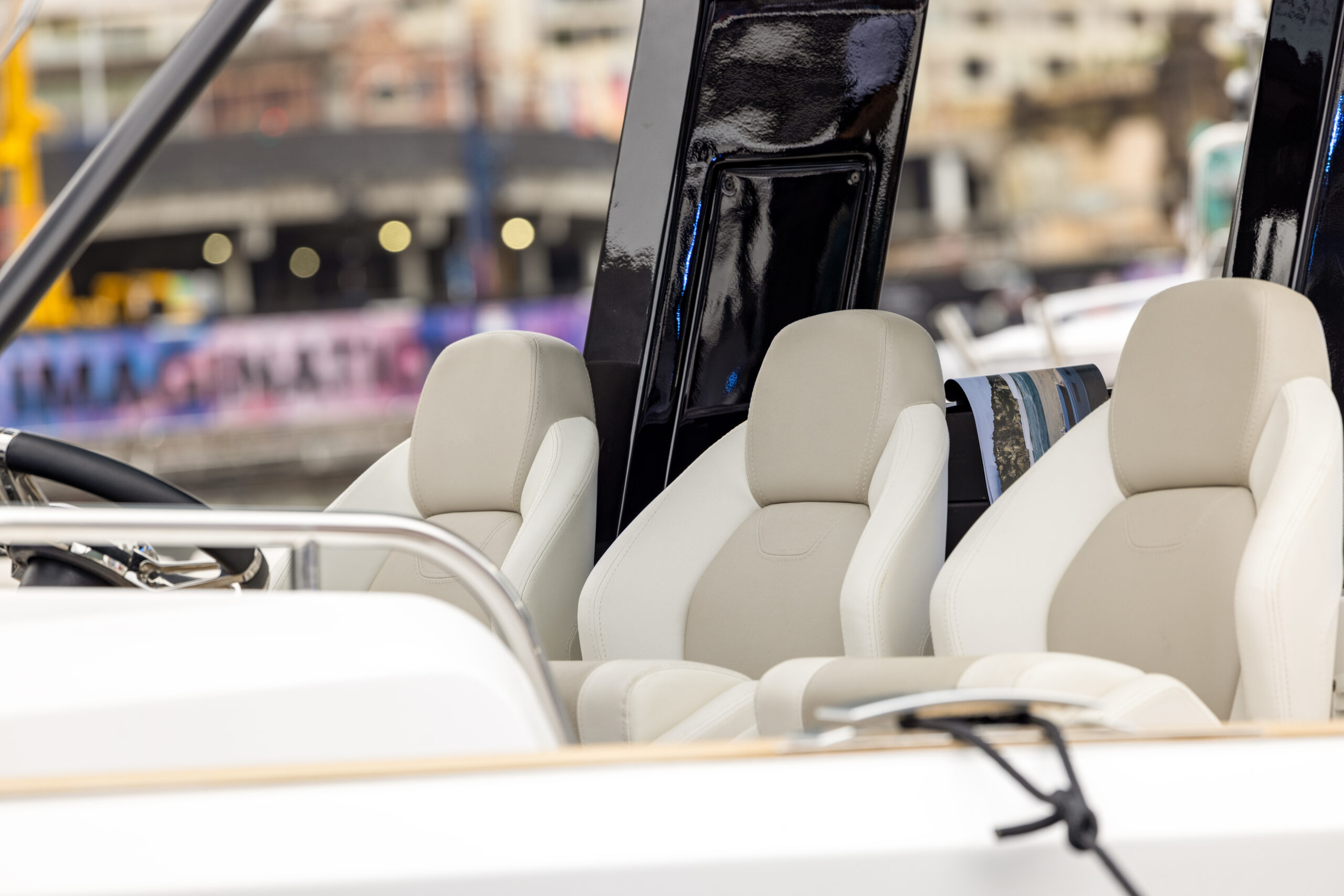 Boat seats with urban background